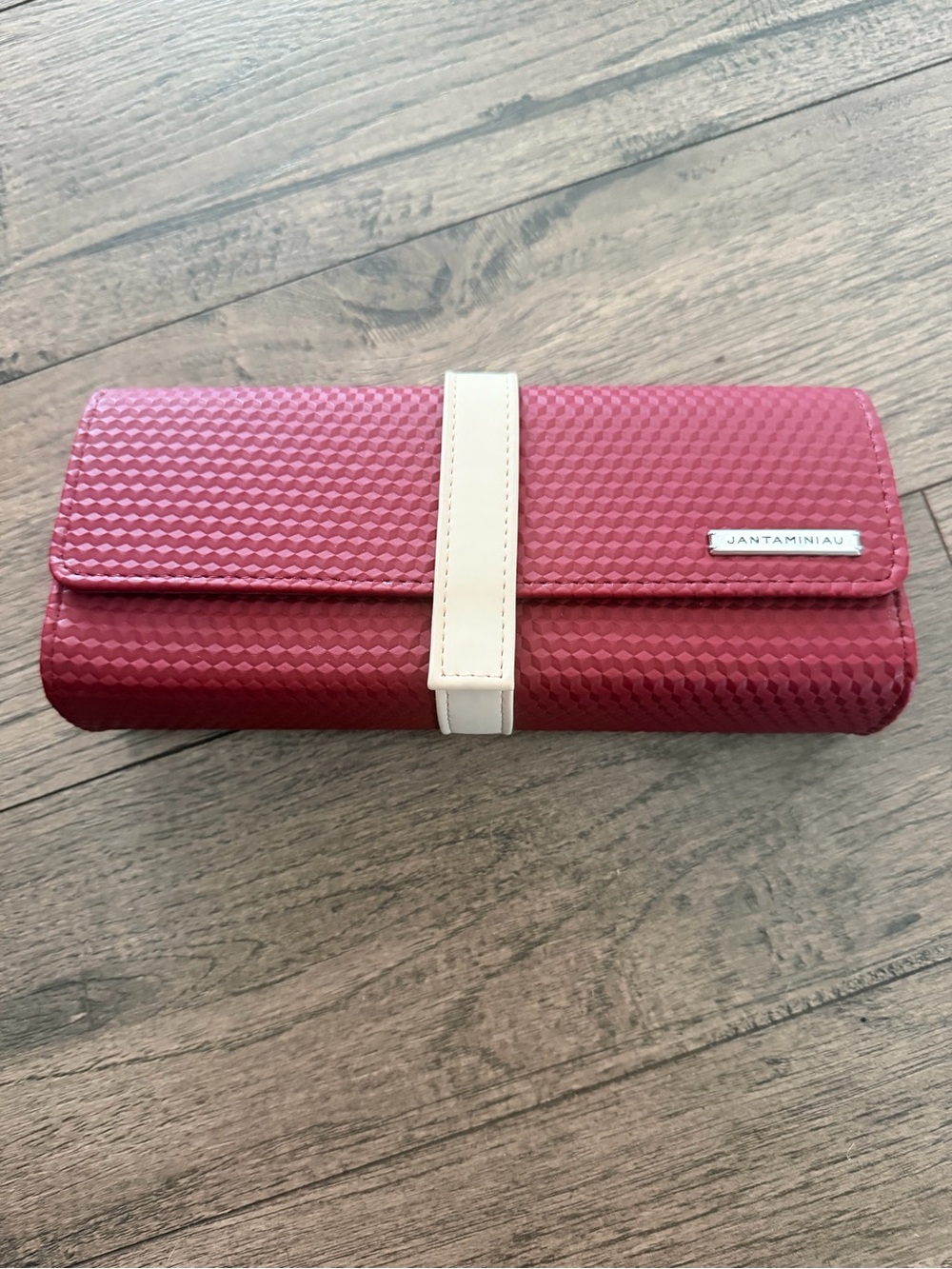 Jantaminiau Red Textured Clutch Purse with Cream Strap